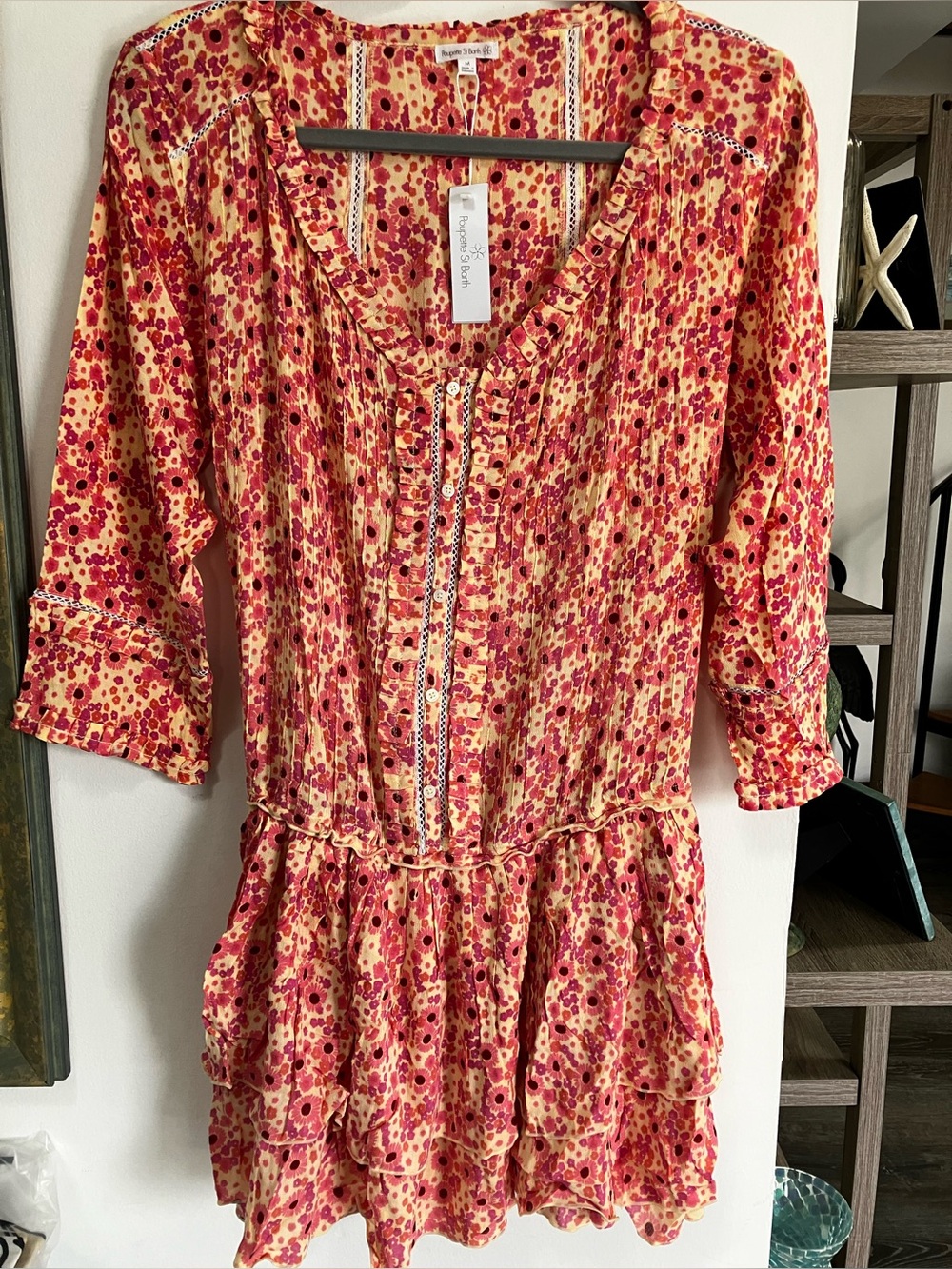 Poupette St Barth Alicia Tunic Mini Dress Ruffle Floral Pink Yellow NWT Size M